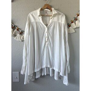 Free People Ivory Printed Embroidered Pleated Flowy Tunic Top Feminine Beachy S